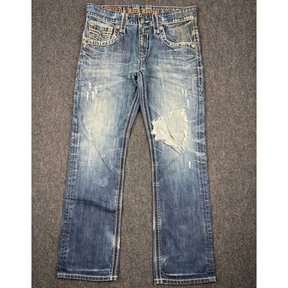 Rock Revival Dexter Straight Distressed Blue Jeans Mens 33 Thick Stitch 33x31